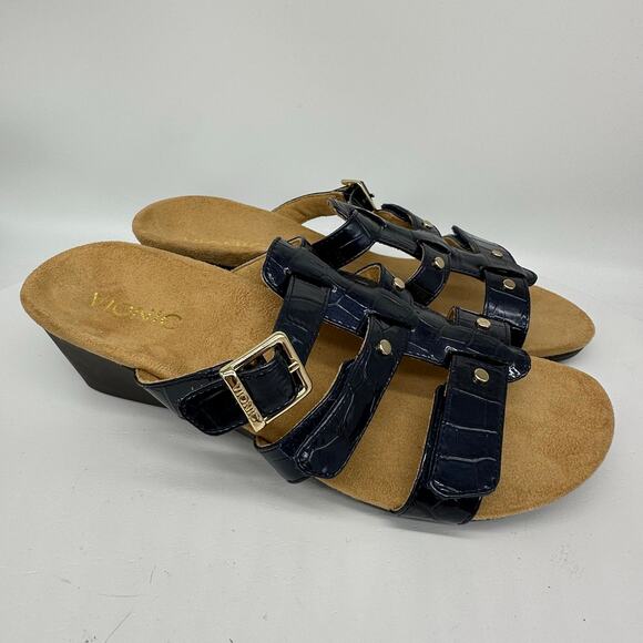 Vionic Radia Slip On Wedge Patent Croc Leather Blue Sandal Womens Size 9 - Picture 4 of 14